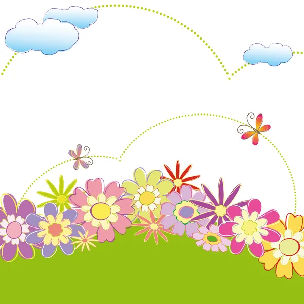 봄 날 화려한 꽃 나비 인사말 카드 — 스톡 벡터