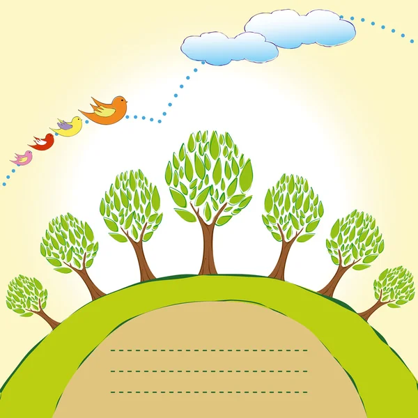 Πράσινο πλανήτη δέντρο με πολύχρωμο πουλί ταπετσαρία — Διανυσματικό Αρχείο