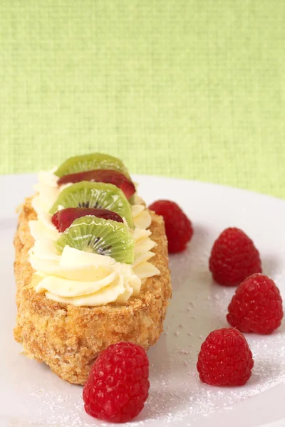 Fruit boat cake with raspberries — Stock Photo, Image
