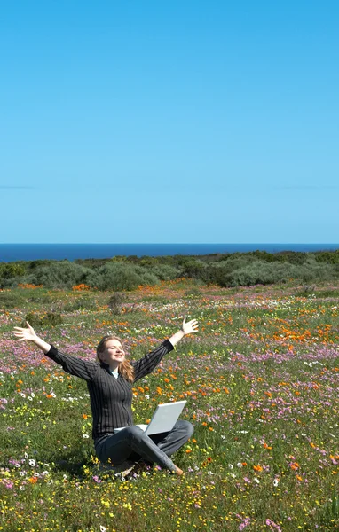 stock image Blonde woman in the field of flowers