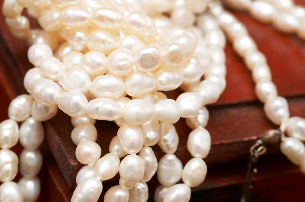 Perles de rivière réelles blanches sur boîte en bois — Photo