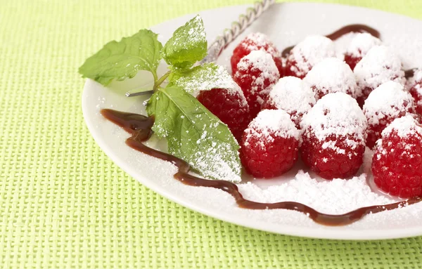 Fresh raspberry dessert with mint — Stock Photo, Image