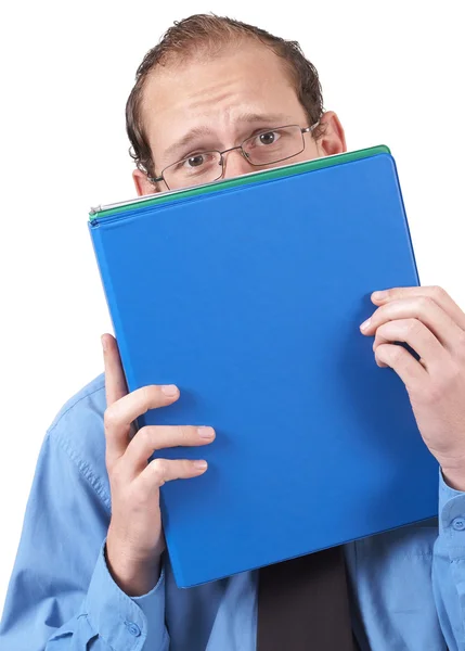 Businessman hiding behind the folder — Stock Photo, Image