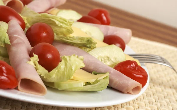 Frischer Salat mit Wurst, Gemüse und Paprika — Stockfoto