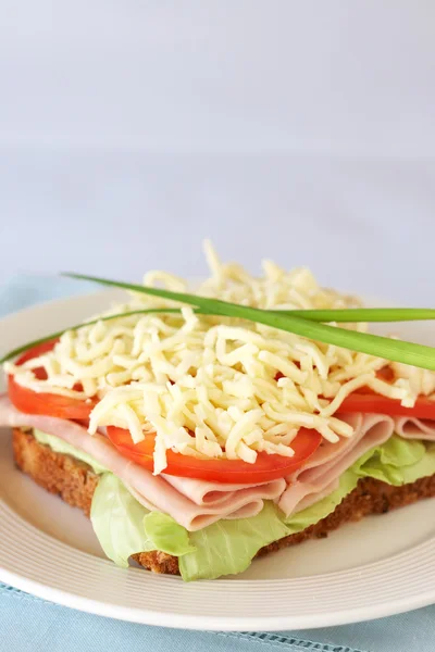 Smaczne kanapki z szynką, pomidorem i serem — Zdjęcie stockowe