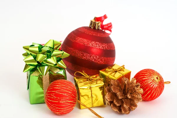 Red Christmas baubles and other decorations — Stock Photo, Image