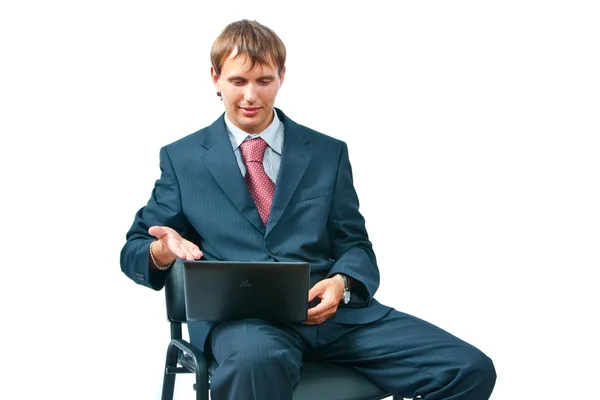 De zakenman met het oogmerk laptop — Stockfoto