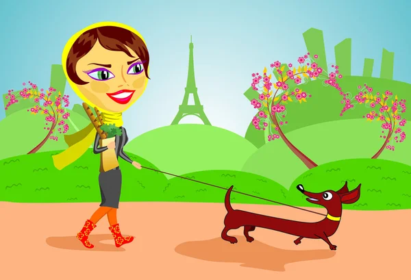 Kvinna med hund i paris — Stock vektor