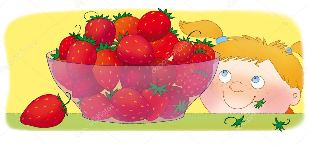 Bowl with red strawberries and girl