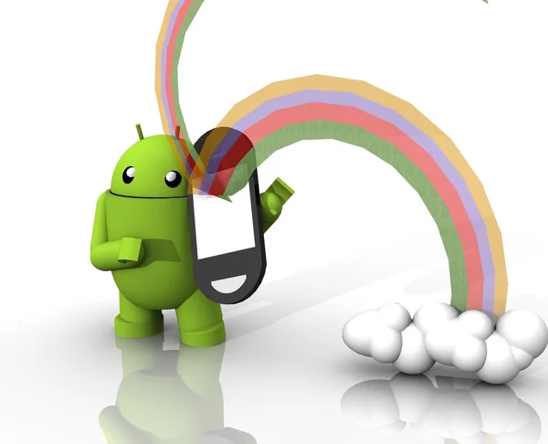 stock image 3d robo with rainbow phone