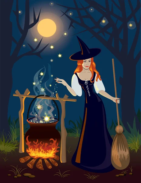 Рыжая ведьма в лесу готовит ночью зелье. — стоковый вектор