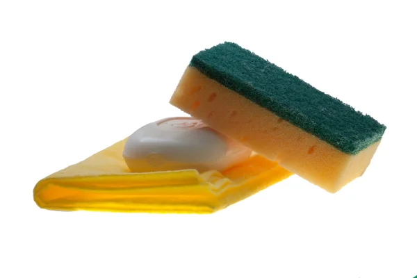 stock image Kitchen towel, sponge and soap