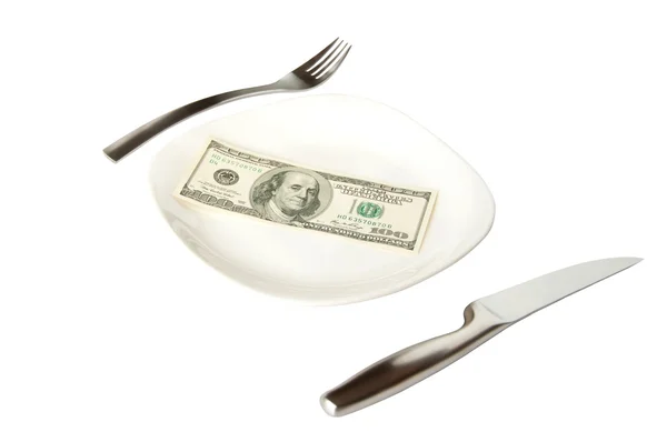 Geldschein mit Küchenutensilien — Stockfoto