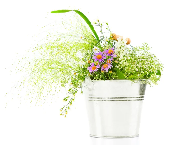 Ведро свежих весенних диких цветов — стоковое фото