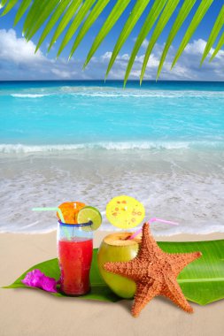 Coconut red cocktail with starfish in tropical beach clipart