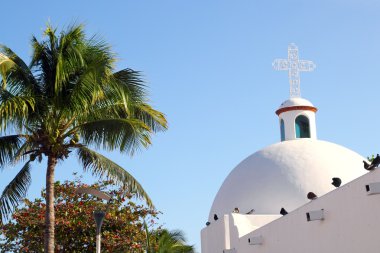 Playa del Carmen white Mexican church archs belfry clipart