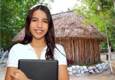 Brunette teen student indian latin holding laptop clipart