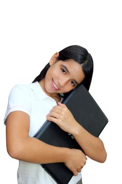 Latin genç esmer öğrenci sarılmak laptop