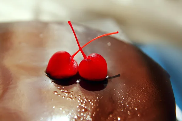 Stock image Cherry and chocolate brownie cake macro