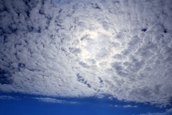 Cirrocumulus clouds with sun glowing in blue sky — Stock Photo, Image