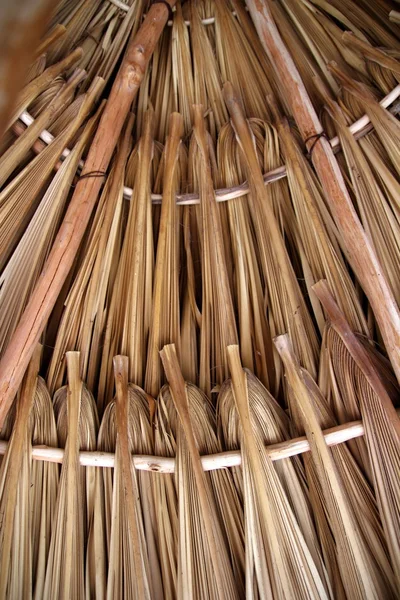 Palmträd lämnar i taklucka palapa hut takläggning — Stockfoto