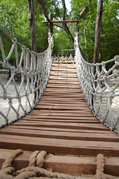 Adventure wooden rope jungle suspension bridge — Stock Photo, Image