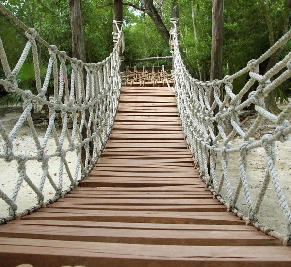 Adventure wooden rope jungle suspension bridge — Stock Photo, Image