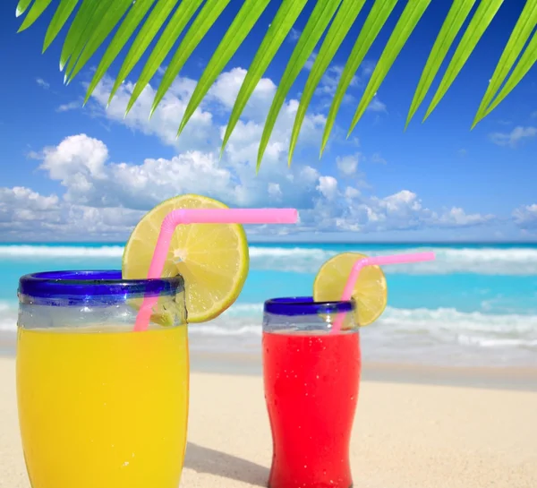 Beach tropical cocktails palm tree leafl turquoise beach — Stock Photo, Image