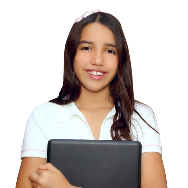 Bruna giovanissima studente indiano latino holding laptop — Foto Stock