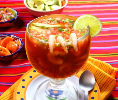 Cocktail of shrimps seafood mexican style chili sauce clipart
