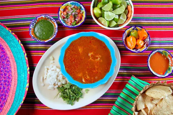 Pancita mondongo mexican soup varied chili sauces — Stock Photo, Image