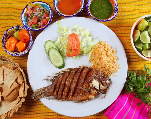 Fried mojarra tilapia pește Mexic stil cu sos de chili — Fotografie, imagine de stoc