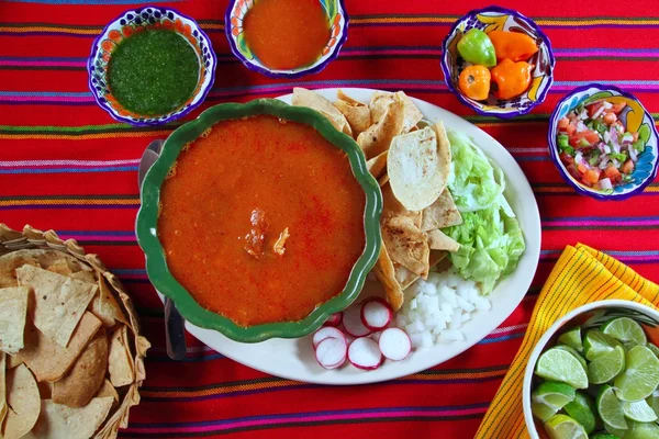 Pozole mayan yucatan Mexican soup chili sauces — Stock Photo, Image
