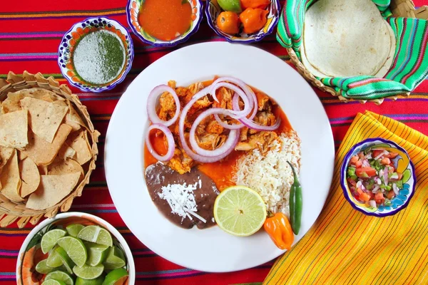 Fajitas mexican food with rice frijoles chili sauce — Stock Photo, Image