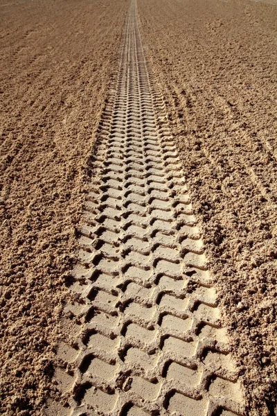 Perspectiva de la huella de los neumáticos de arena de playa hasta infinito — Foto de Stock