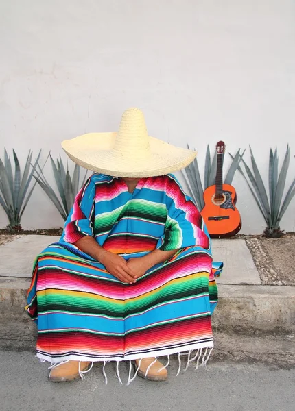 Mexican lazy man sit serape agave guitar nap siesta — Stock Photo, Image