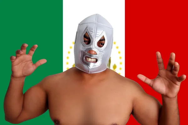 Mexické zápas maska stříbrná stíhací gesto — Stock fotografie