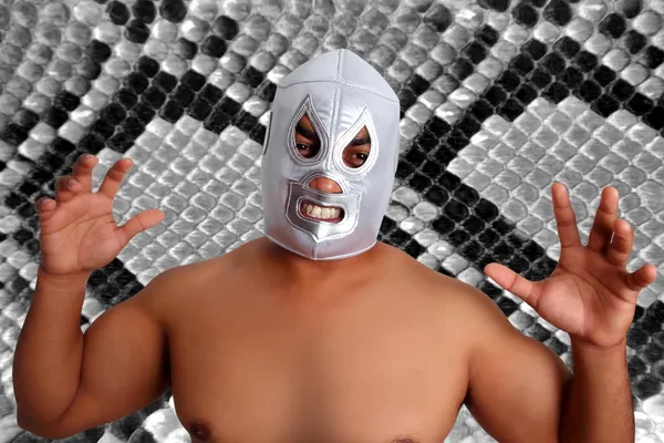 Mexican wrestling mask silver fighter gesture — Stock Photo, Image