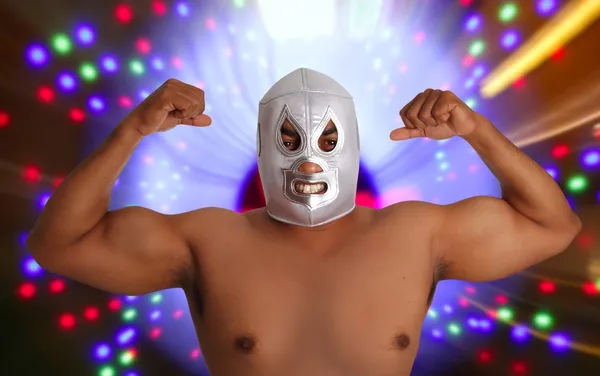 Mexické zápas maska stříbrná stíhací gesto — Stock fotografie