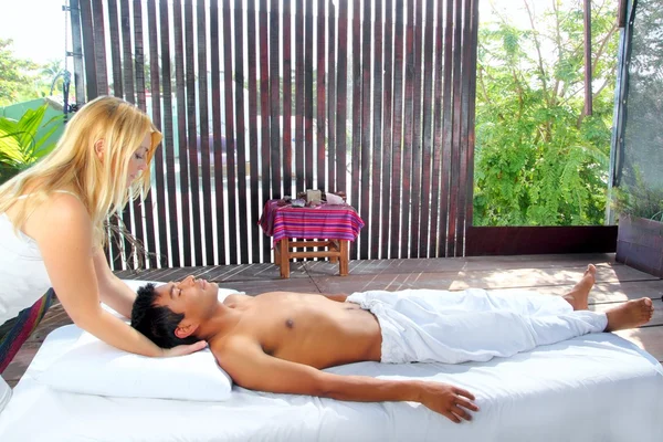 Cranial sacral massage therapy in Jungle cabin — Stock Photo, Image