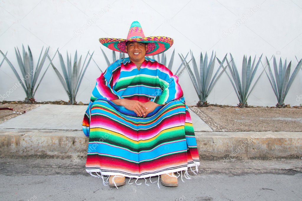 Mexican man sit sombrero serape and agave cactus