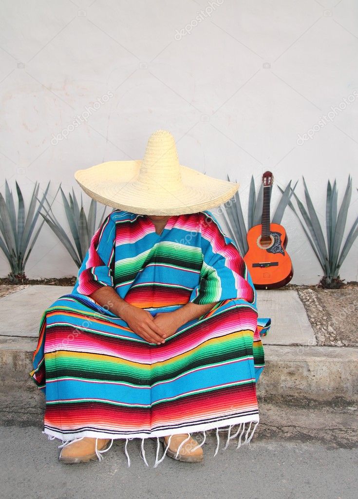 Mexican lazy man sit serape agave guitar nap siesta — Stock Photo ...