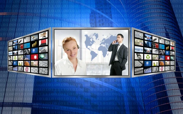 Moderne kantoor, vrouw en zakenman, tv-scherm — Stockfoto