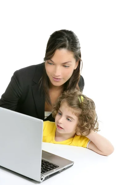 Beautiful mother and daughter laptop computer — Stock Photo, Image