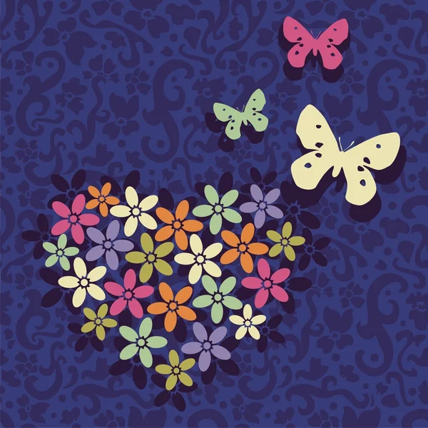 Cartão postal com coração e borboletas — Vetor de Stock