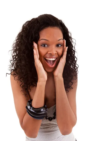 Closeup portrait of a surprised young black woman — Stock Photo, Image