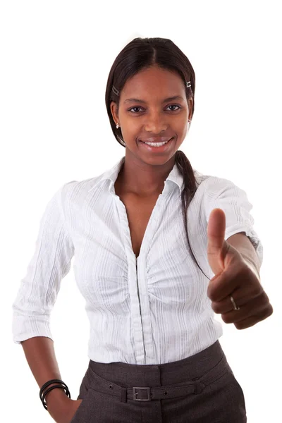 Joven mujer negra haciendo pulgares hacia arriba — Foto de Stock