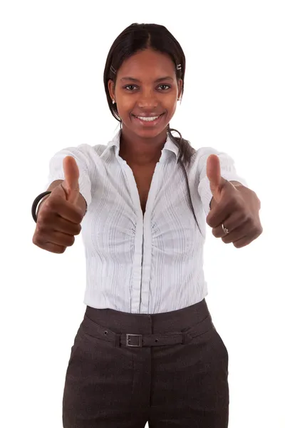 Молодая черная женщина делает два больших пальца вверх — стоковое фото