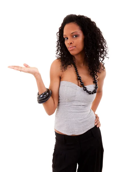 Buźka czarny kobieta trzyma coś — Zdjęcie stockowe