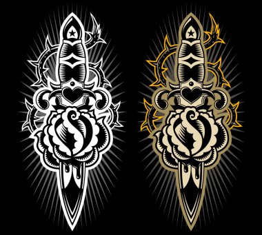 Dagger with a rose tattoo design clipart